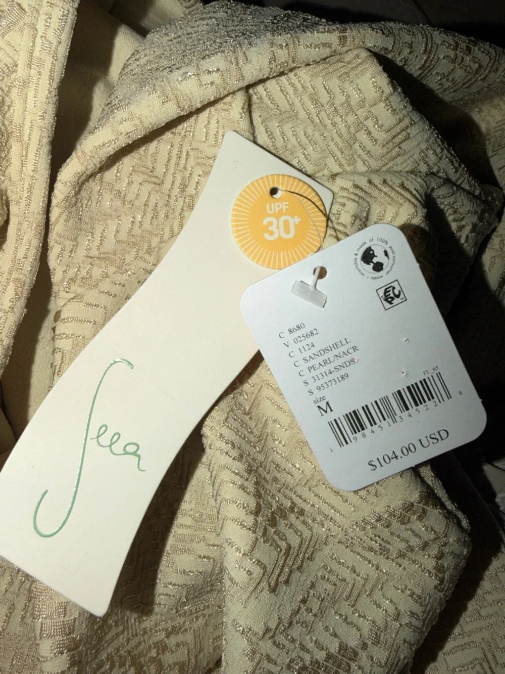 Seea Cream Palomar Crop Rashguard Swim in Sandshell Pearl Textured Long Sleeve - Picture 5 of 5